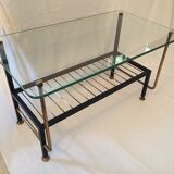Coffee table in glass  black metal and brass vintage 1950