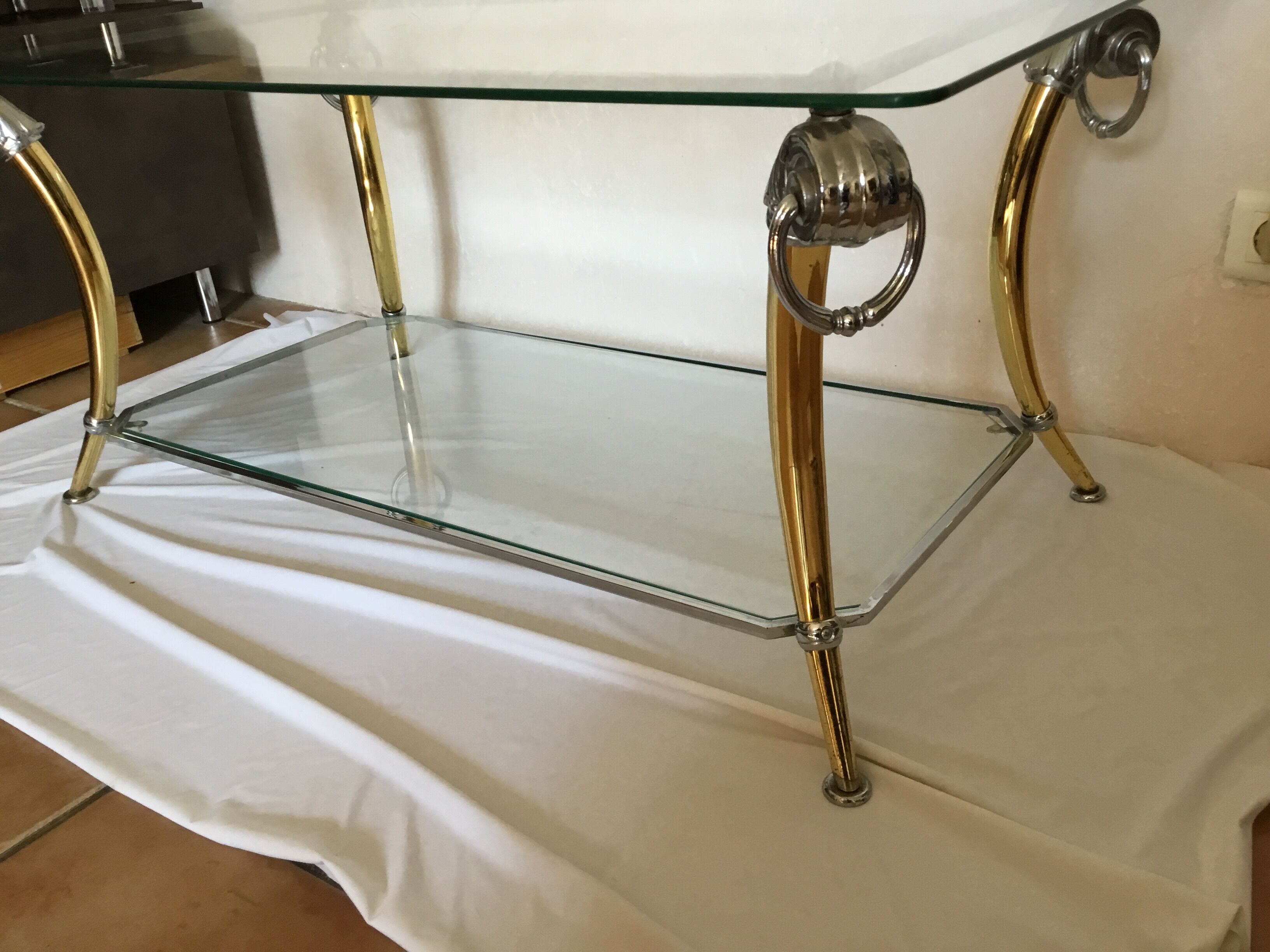 Table basse vintage chrome et dorée design 70-80