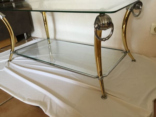Table basse vintage chrome et dorée design 70-80