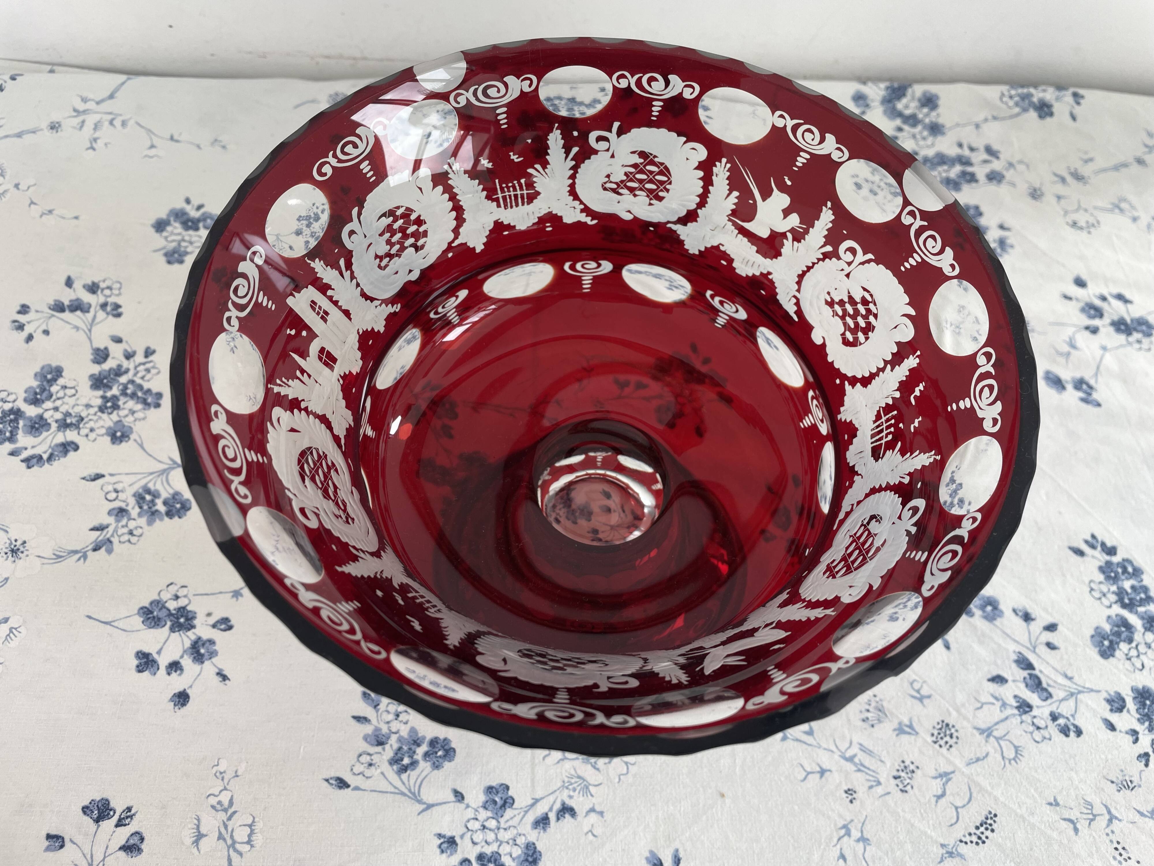Large red and white overlay glass bowl, Bohemian 20th century