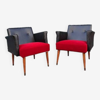 Paire de petits fauteuils, skaï et tissu, 1960