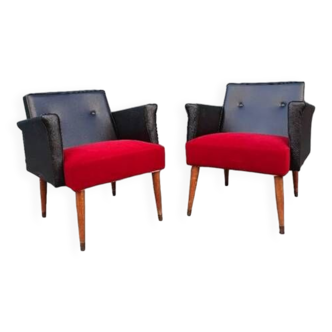 Paire de petits fauteuils, skaï et tissu, 1960