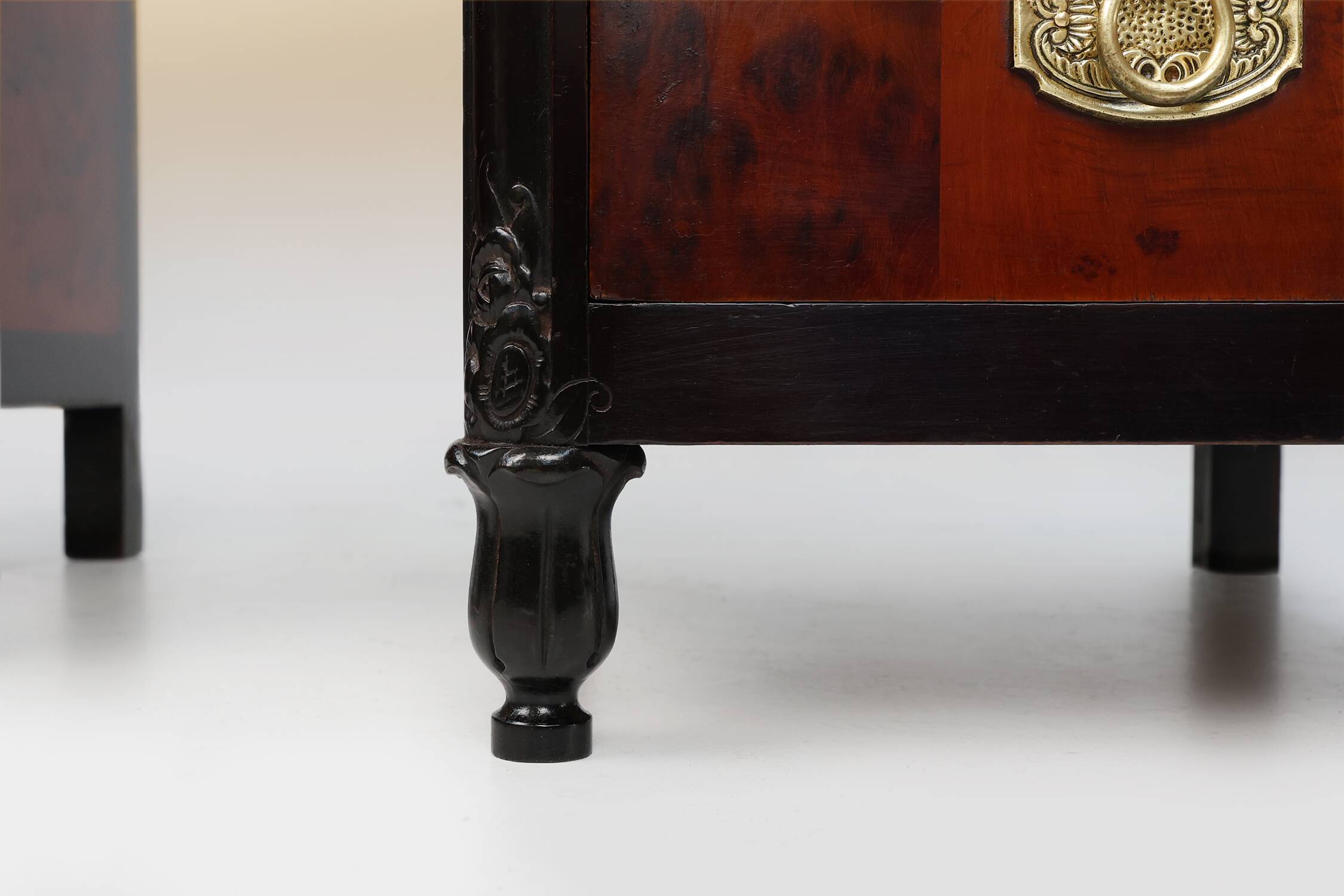 Pair of Art Deco nightstands in burl veneer, oak and copper, France ca. 1910