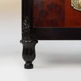 Pair of Art Deco nightstands in burl veneer, oak and copper, France ca. 1910