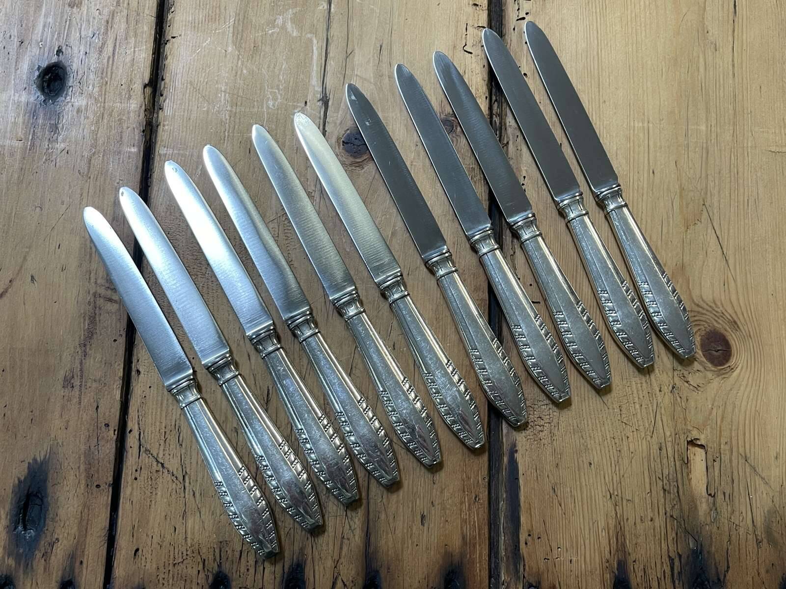 Set of 11 dessert knives in silver metal with stainless steel blades