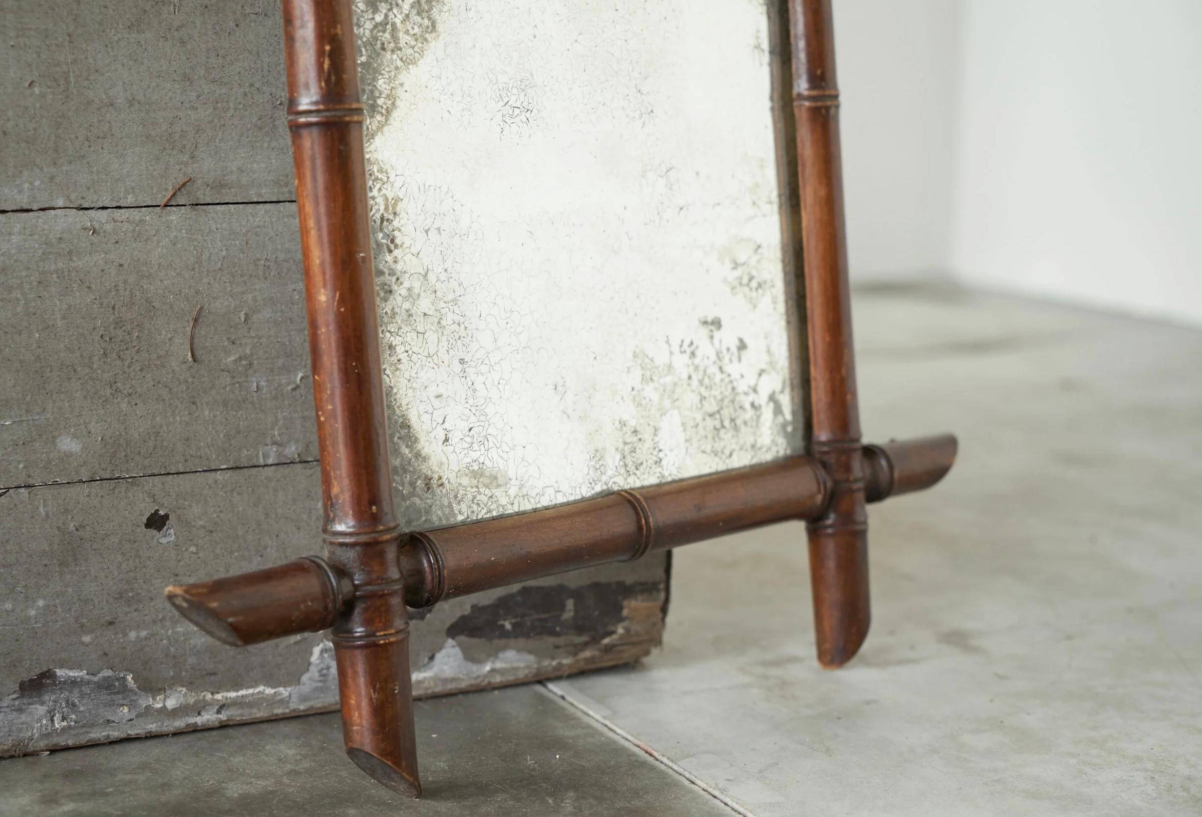 Faux Bamboo Mirror in Wood and Aged Mirror, Early 20th Century