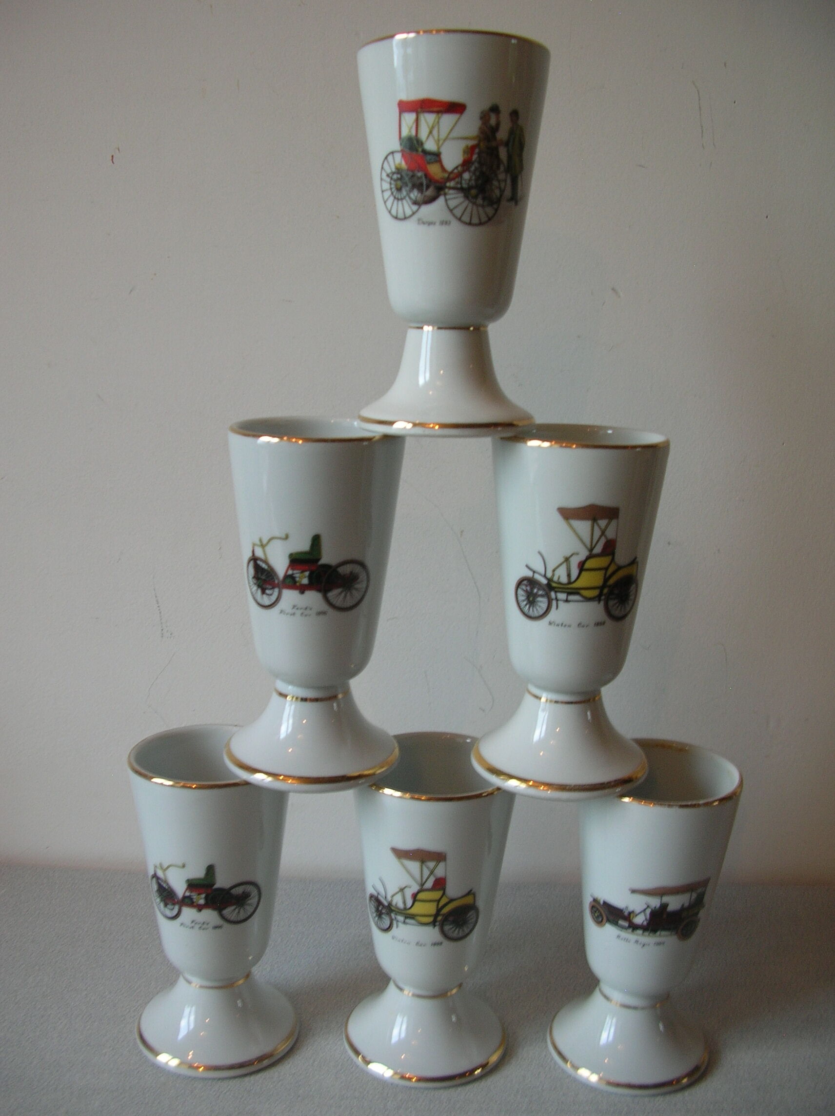 Set of 6 old porcelain mazagrans decor old car tacot
