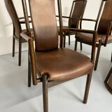Set of 8 wooden and thick leather armchairs, Girsberger design, 80s