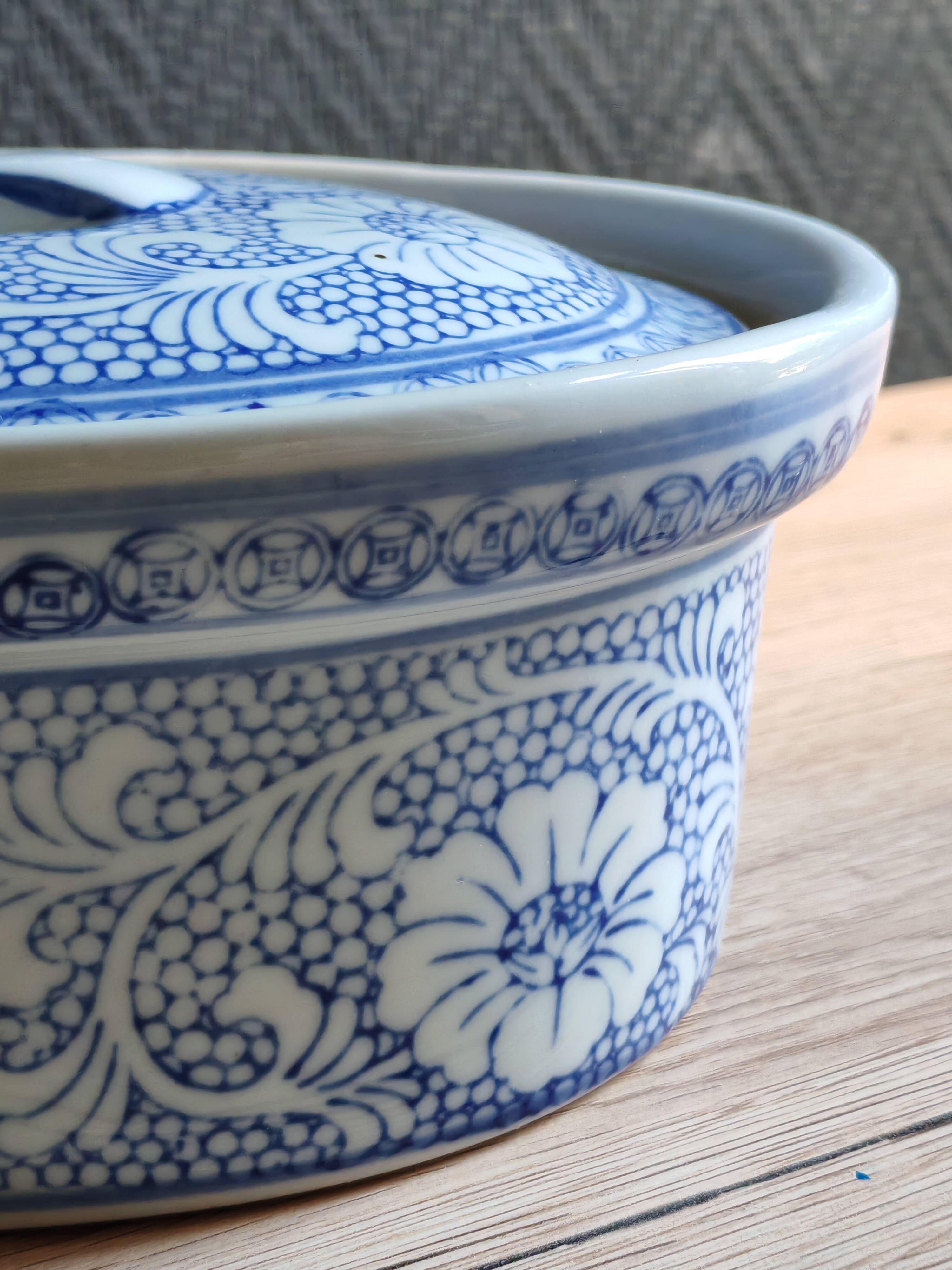 Oval Vintage Terrine in Blue and White Porcelain, Casserole with Lid