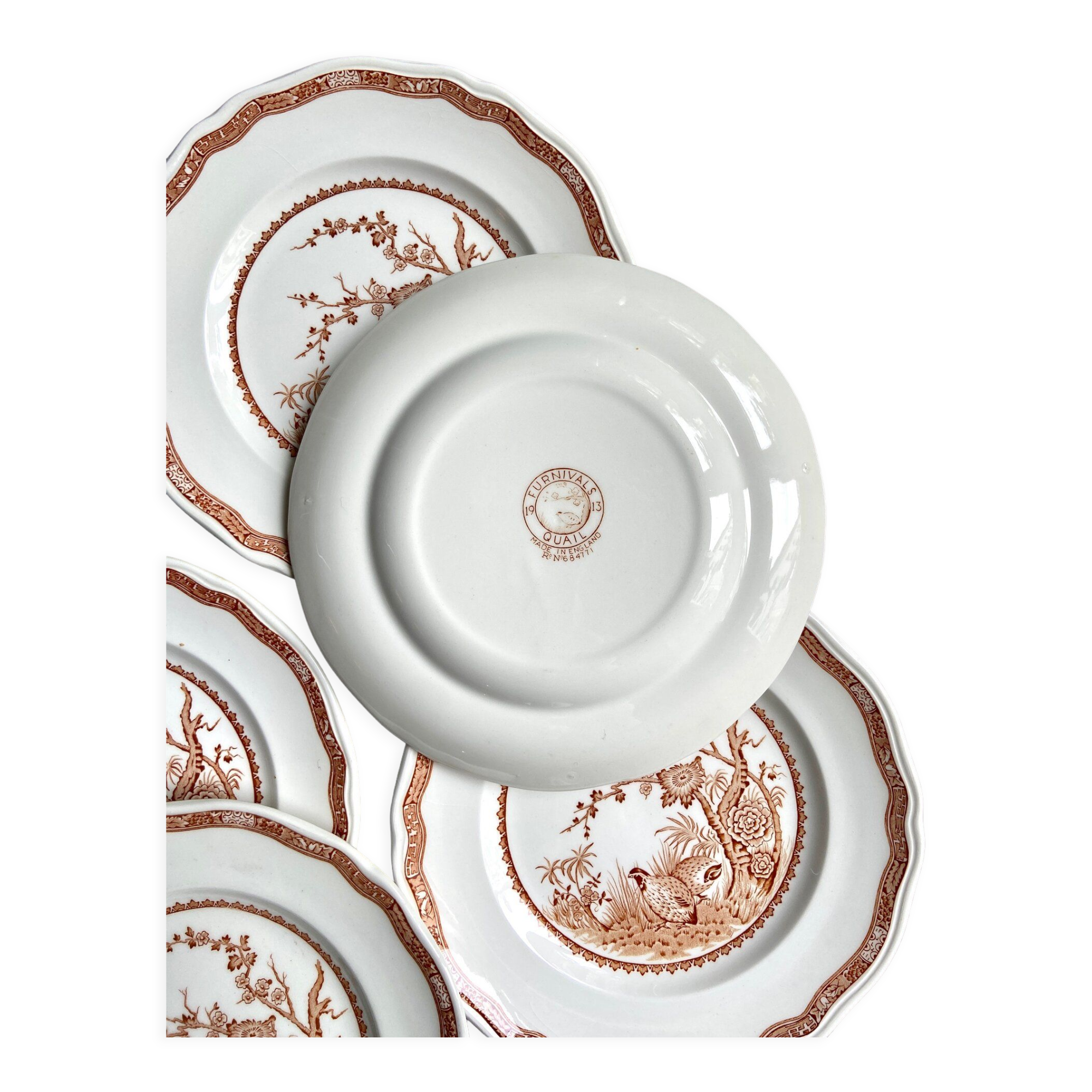 6 flat plates in ochre English ironland, service "Furnivals Quail"