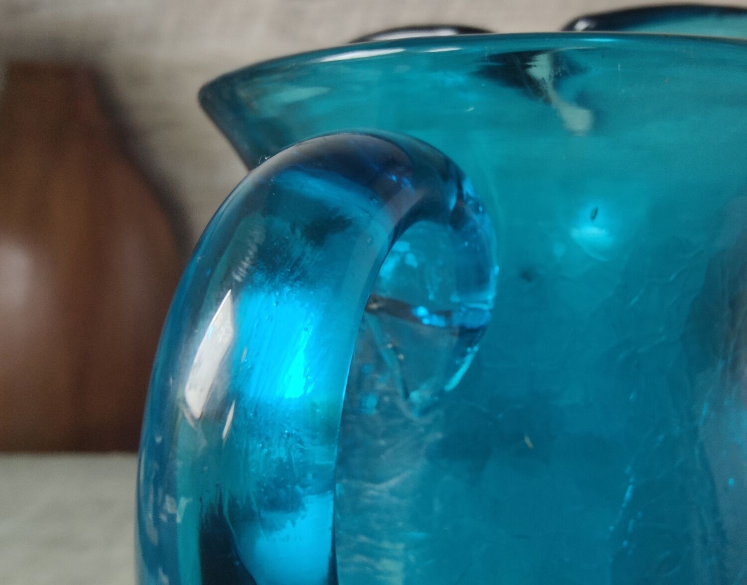 Blue cracked glass pitcher