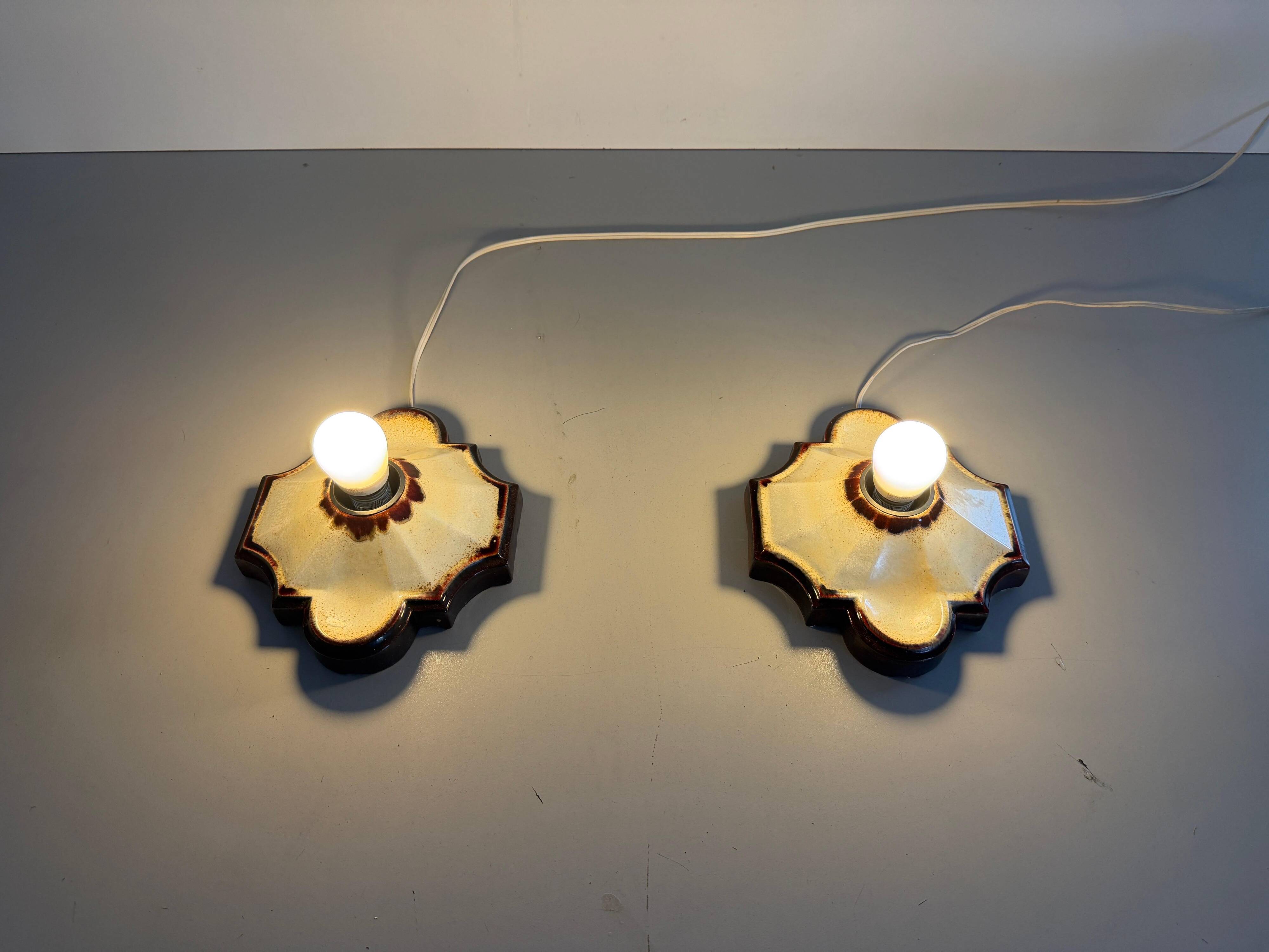 Pair of brown and cream ceramic wall lights by PAN Leuchten, 1970 Germany