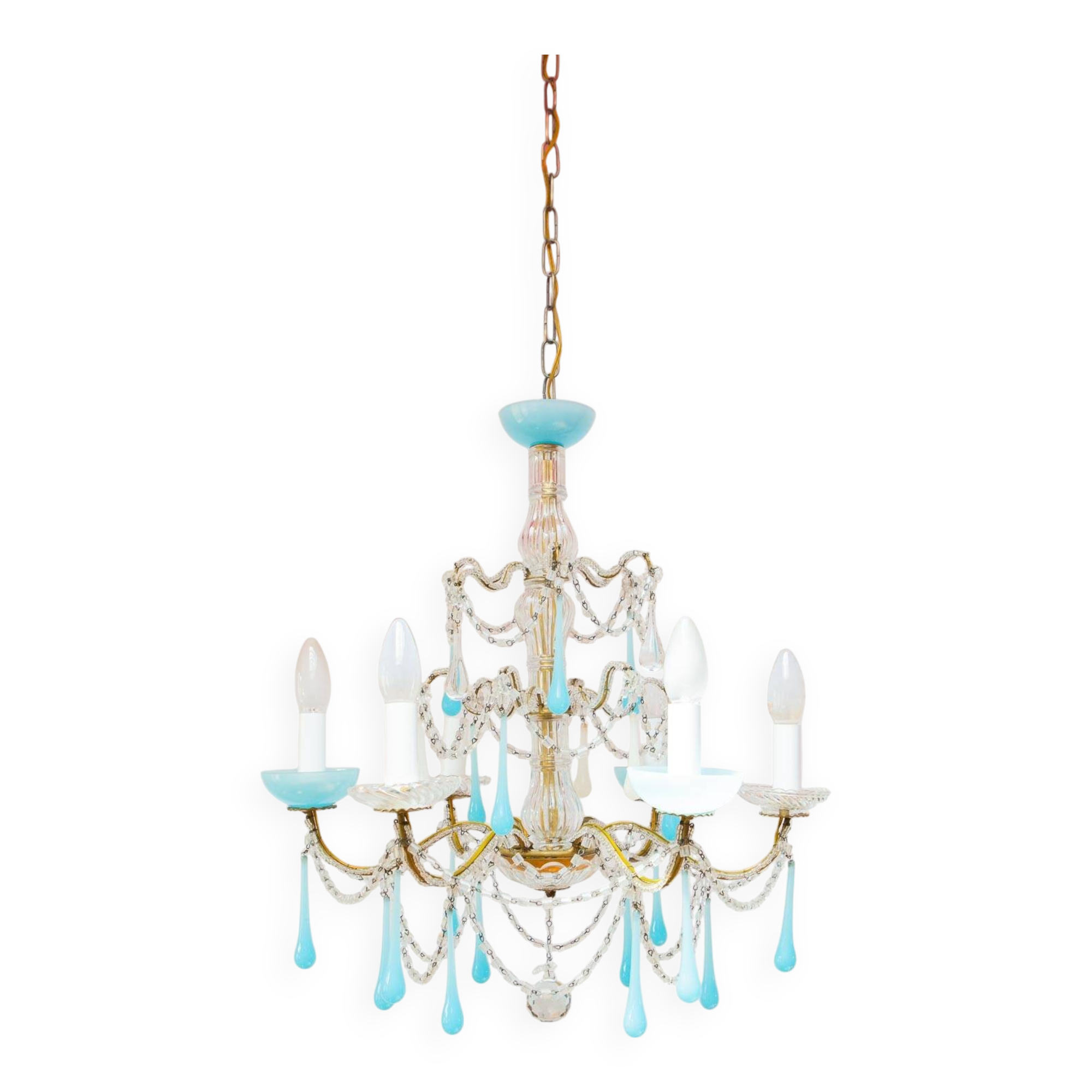 Italian chandelier with 6 arms in blue opaline glass (55 cm)