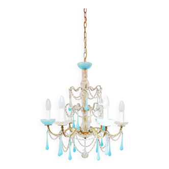 Italian chandelier with 6 arms in blue opaline glass (55 cm)