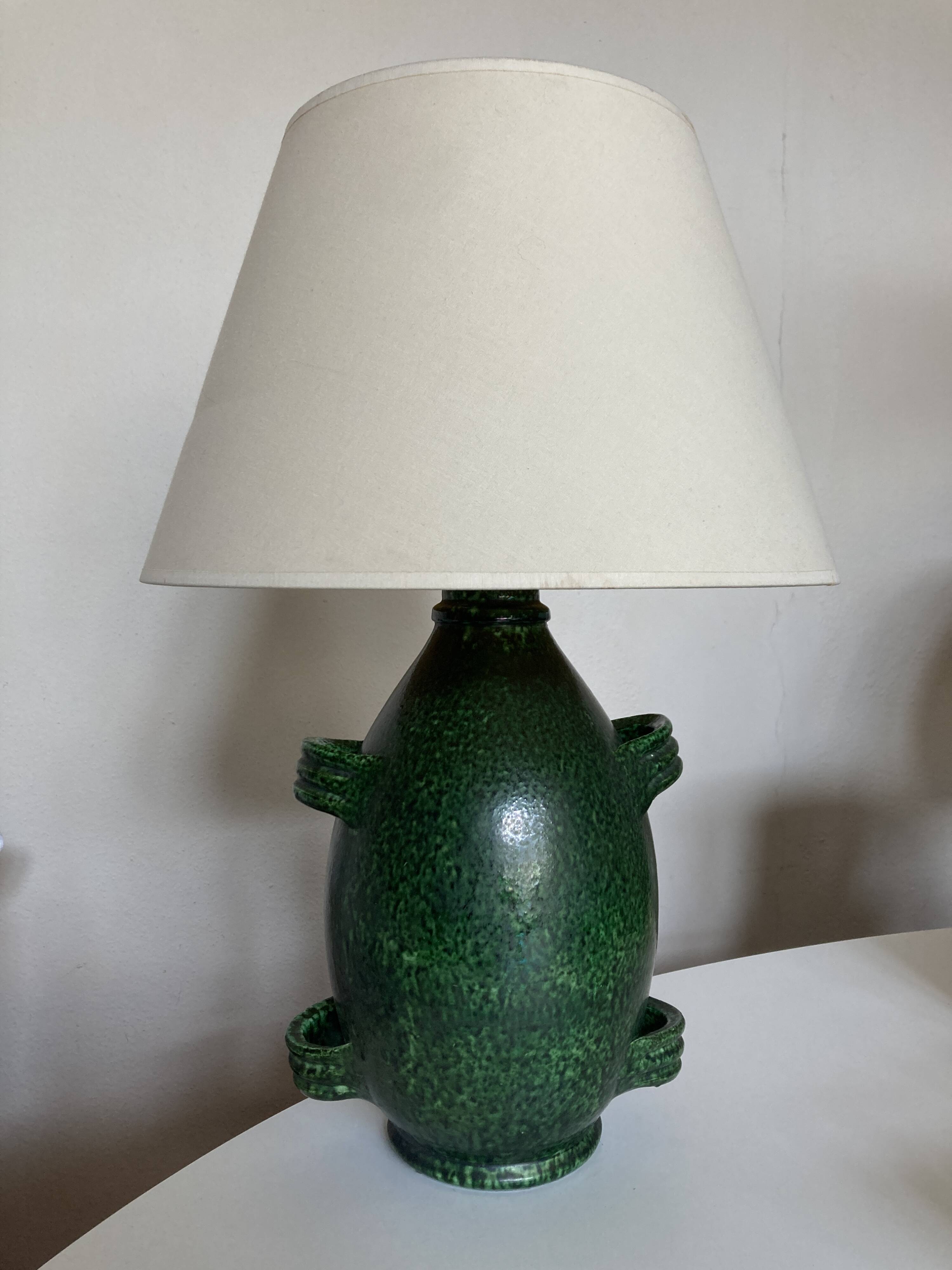 XXL green glazed terracotta lamp by Foucart Jourdan Vallauris 1960