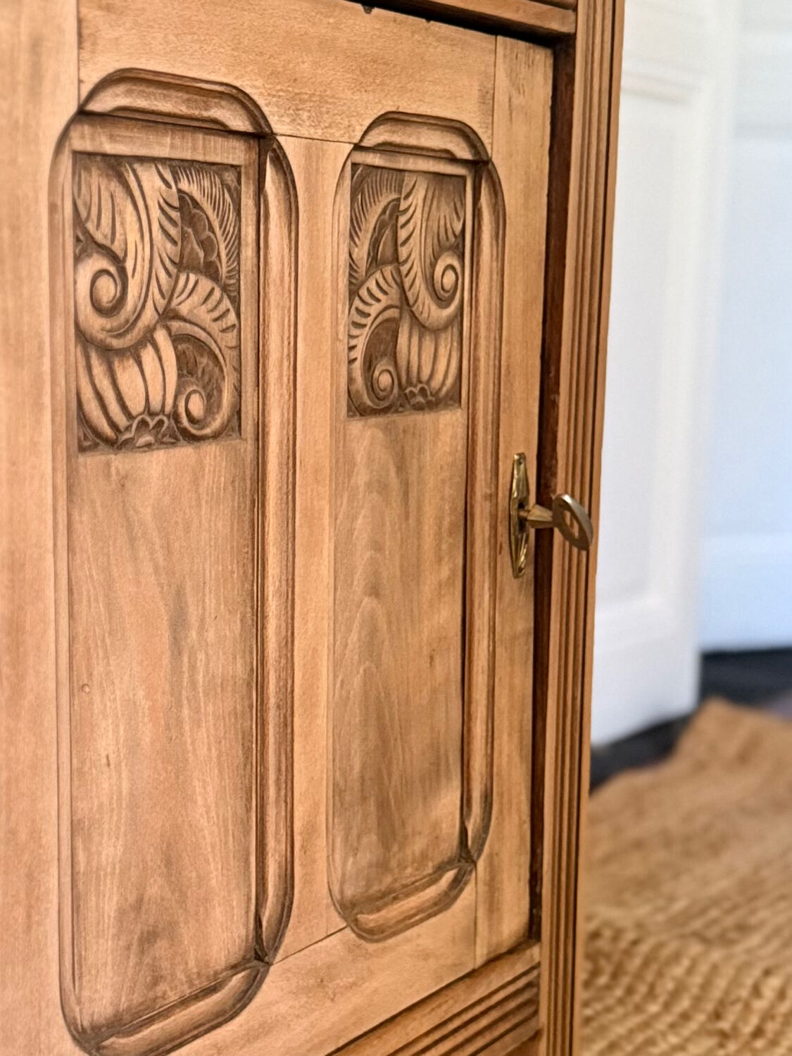 Small Art Deco jam cabinet in carved blonde oak