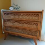 Vintage 70s wood and rattan commode