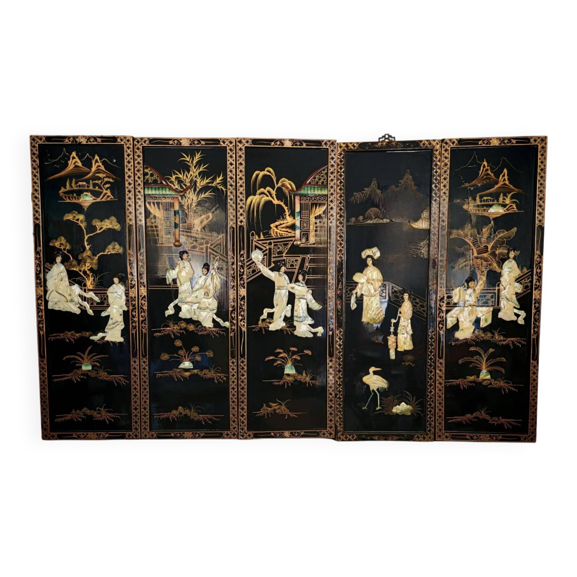 Chinese wooden paintings inlaid with stones