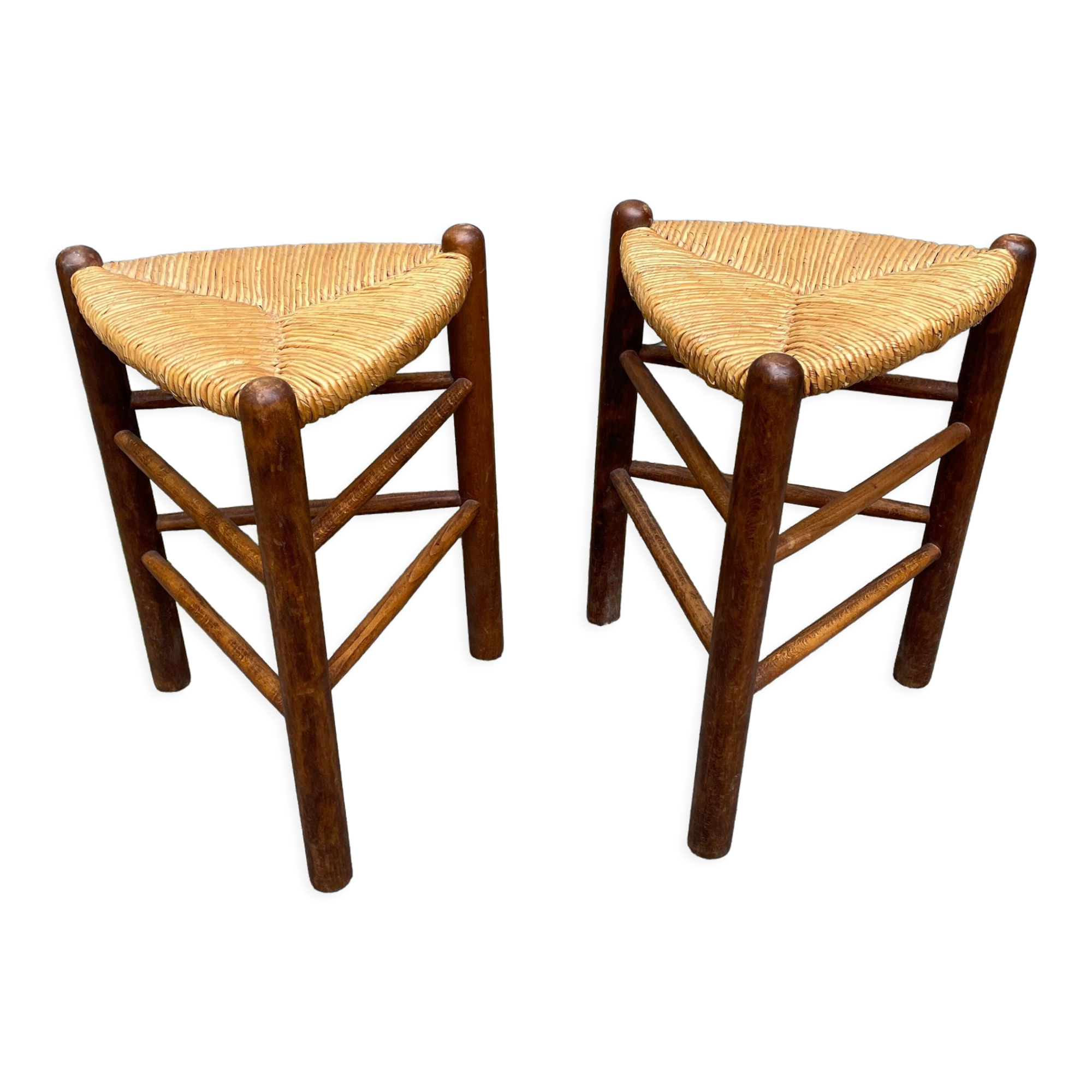 Pair tripod stool vintage design wood and straw
