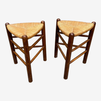 Paire tabourets tripode design vintage bois et paille