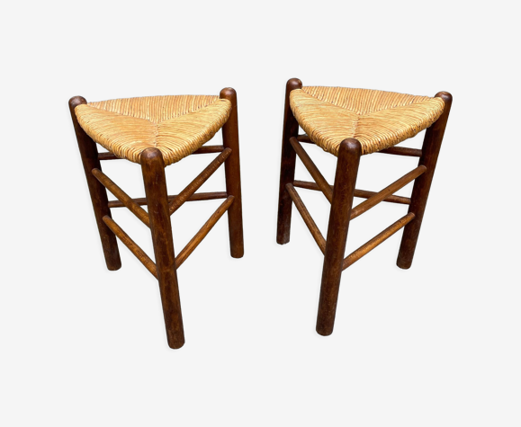 Paire tabourets tripode design vintage bois et paille