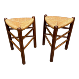 Pair tripod stool vintage design wood and straw