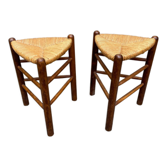 Pair tripod stool vintage design wood and straw