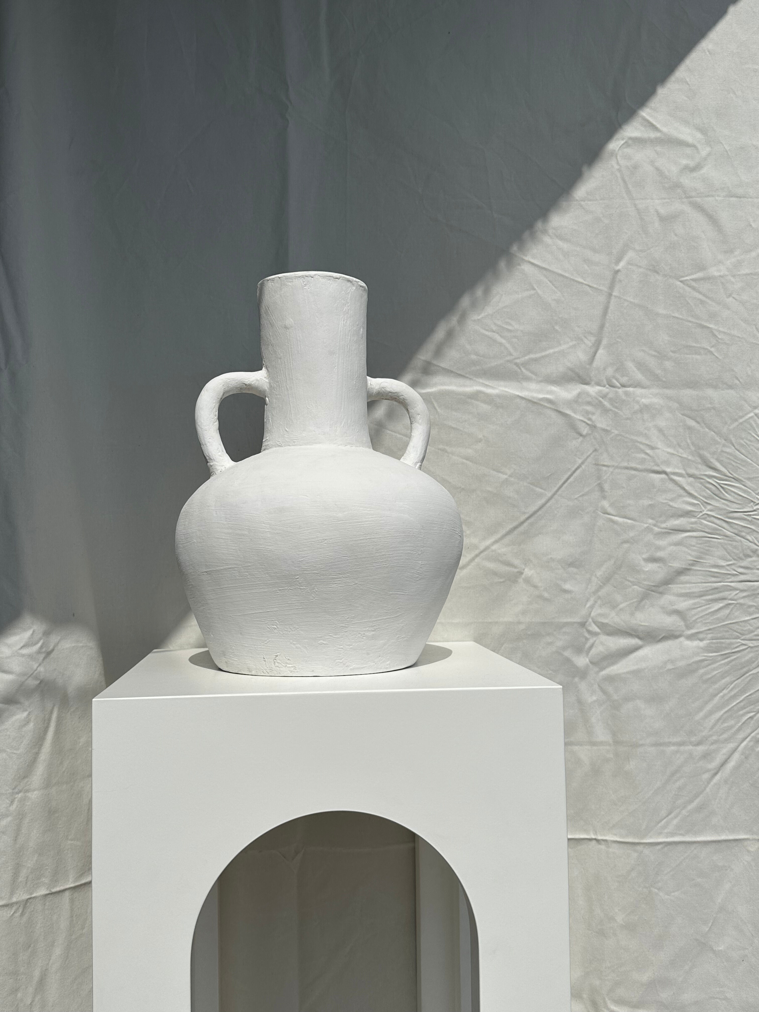 Handcrafted terracotta vase painted white with double handles h:40 d:30