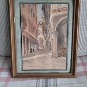Tableau ancien représentant une rue de Lugano en Suisse