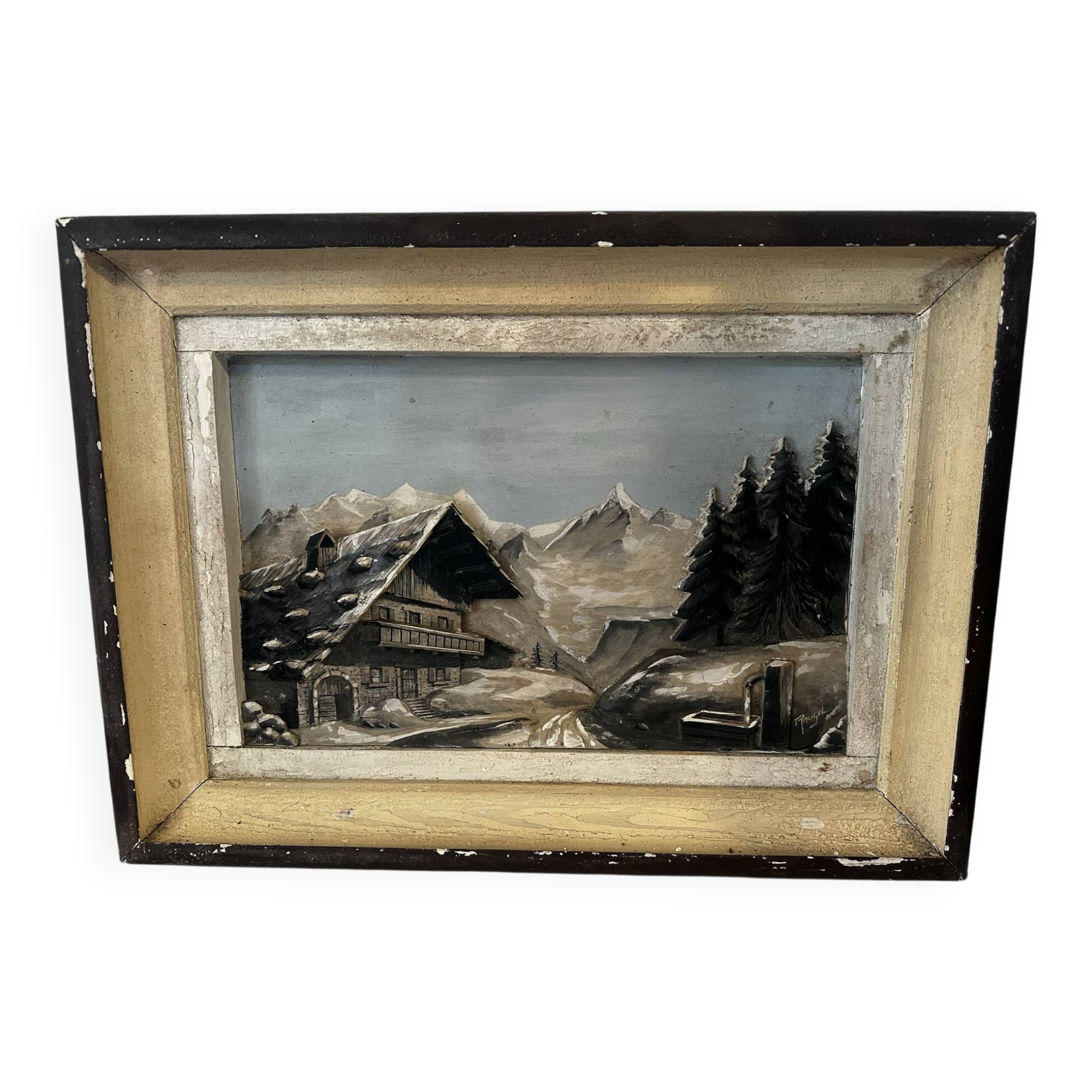 Tableau Alpin sculpté et peint mid-century L 56 cm/H 43 cm