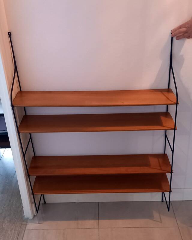 Vintage metal and solid wood string style wall shelf.