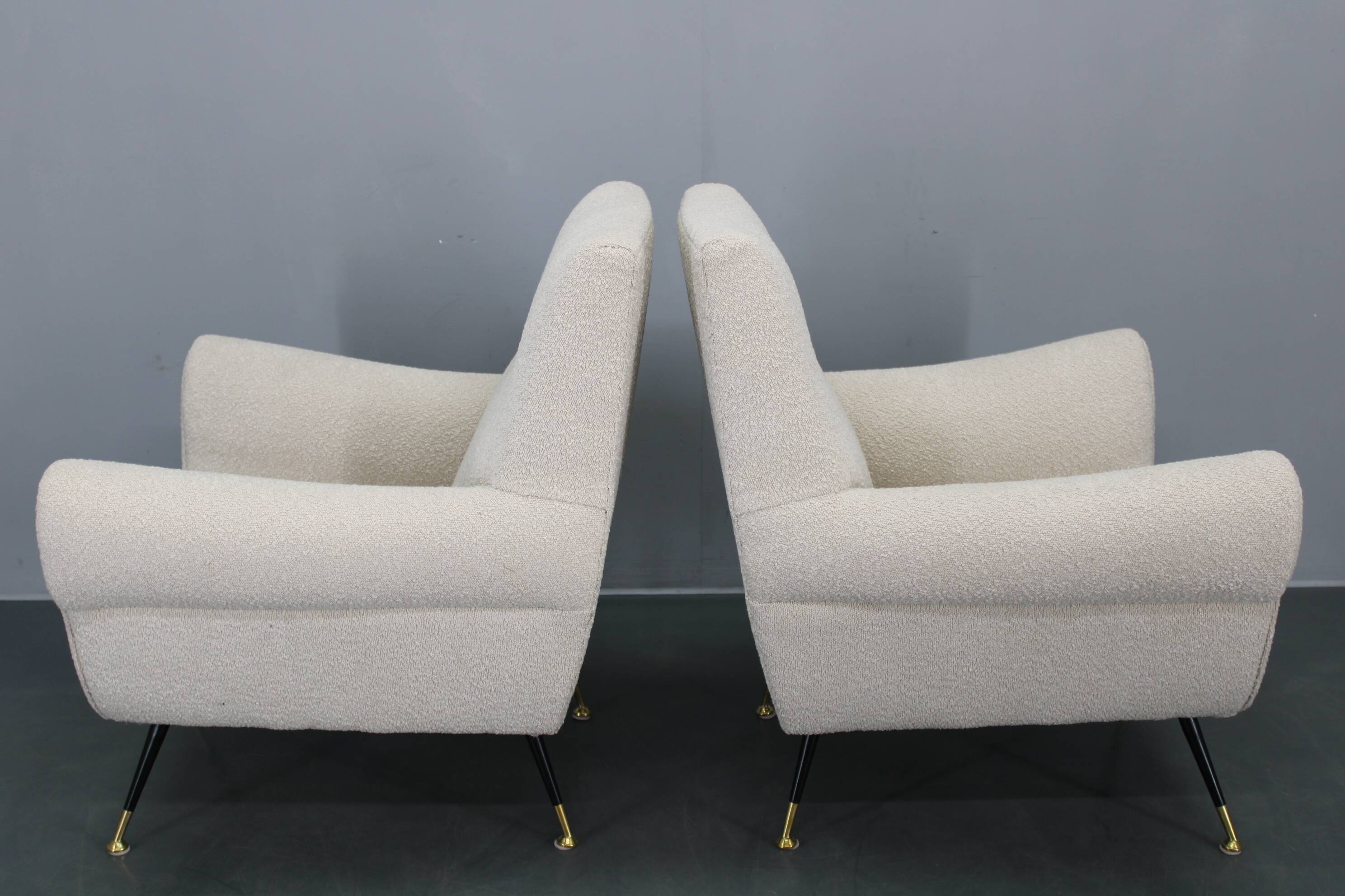 Pair of Italian mid-century boucle armchairs, iron & brass legs, 1950s