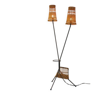 Two-light floor lamp in metal and wicker from the 1950s-60s.