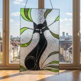 Vitrail chat – Style Tiffany fait main, panneau décoratif mural