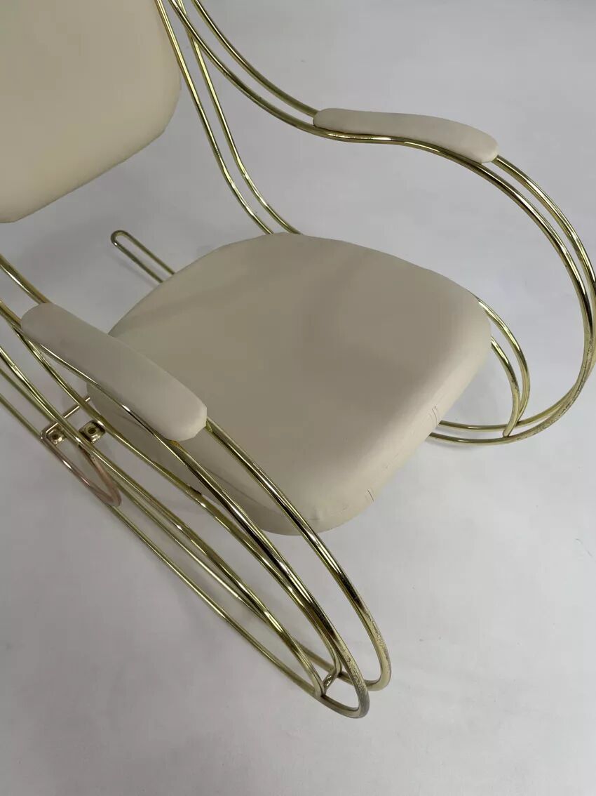 60s rocking chair in brass and ecru faux leather