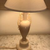 Opalescent glass lamp, new 2 M fabric cable, cotton lampshade