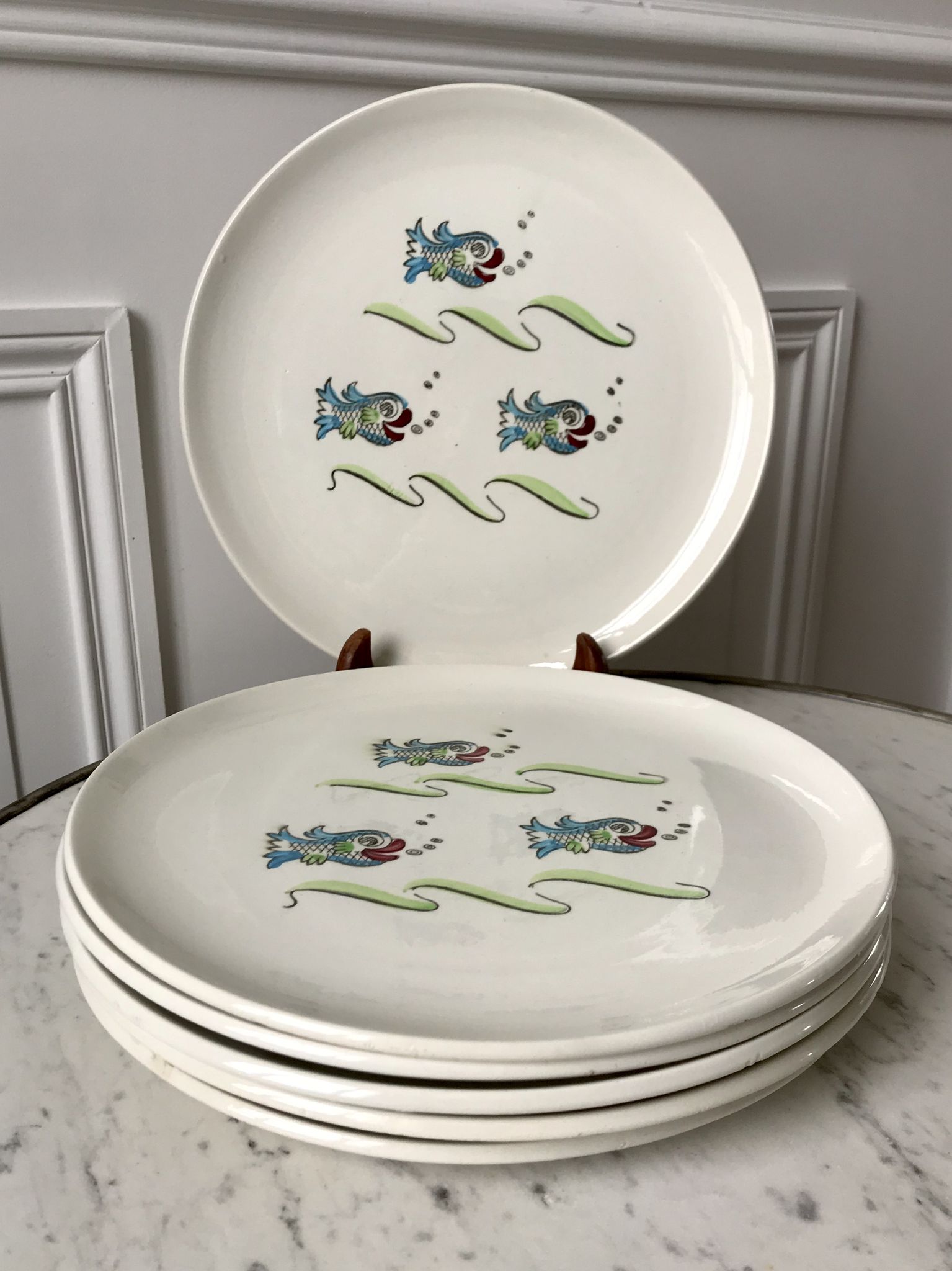 Lot de 6 assiettes plates modèle Poisson Saint-Amand années 50