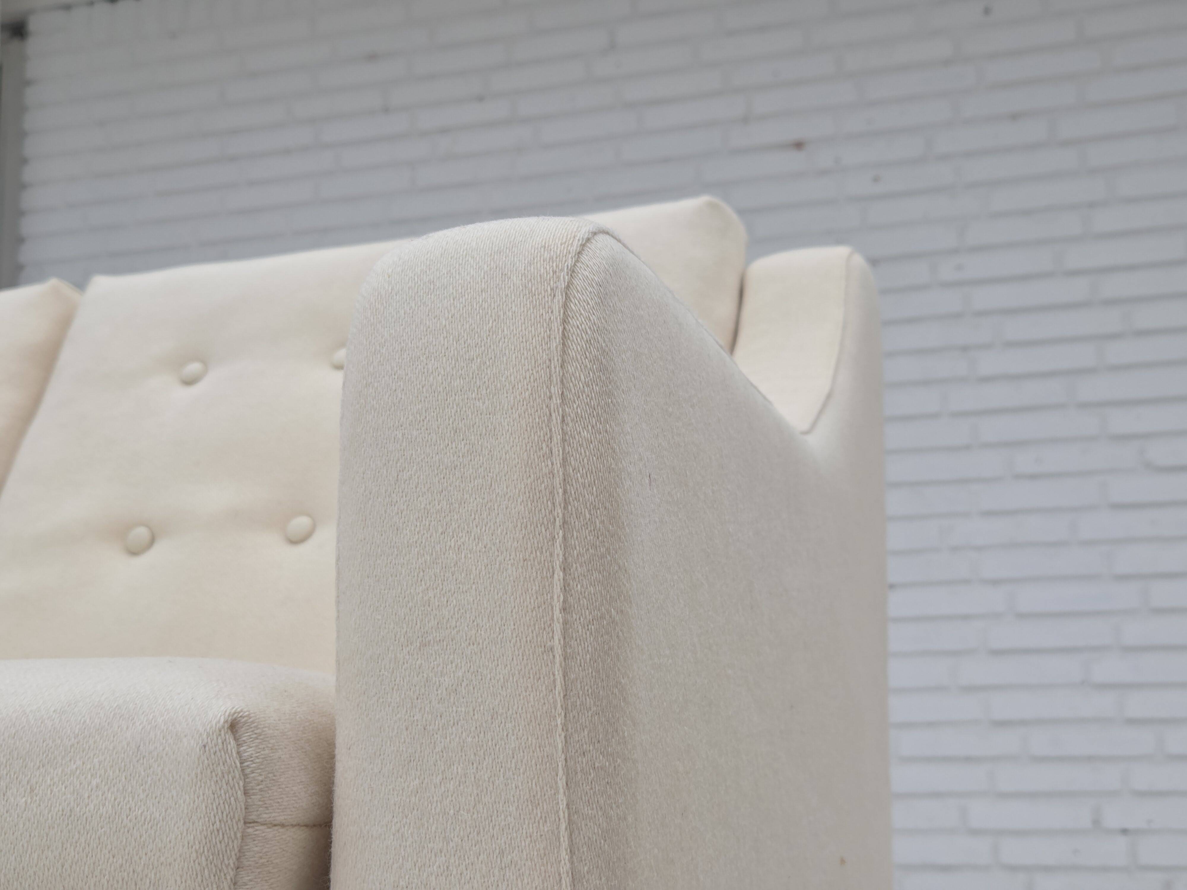 1970s, 3-seater Danish sofa, beige/white furniture wool, teak wood legs.