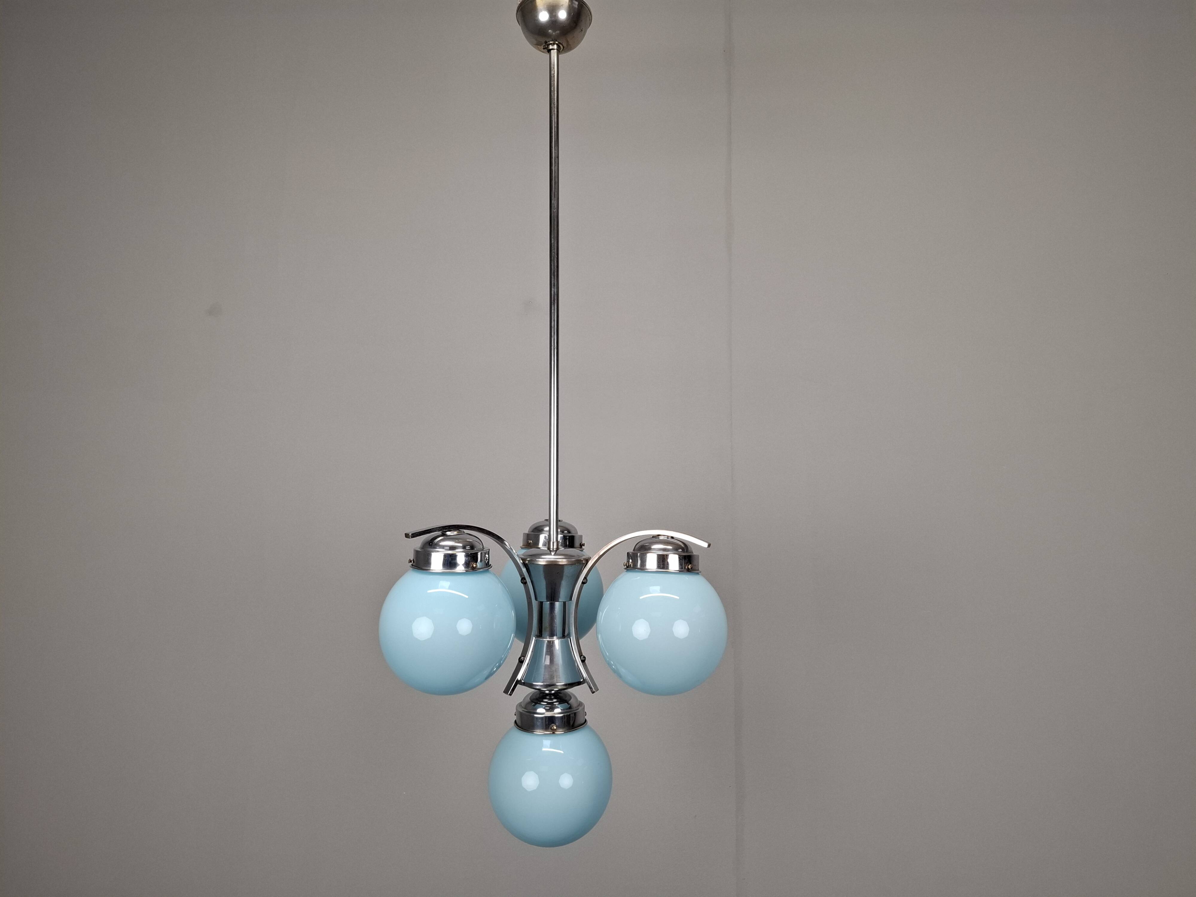 1930s Czech Art Deco Blue Opaline Glass and Chrome Four-Light Chandelier