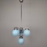 1930s Czech Art Deco Blue Opaline Glass and Chrome Four-Light Chandelier