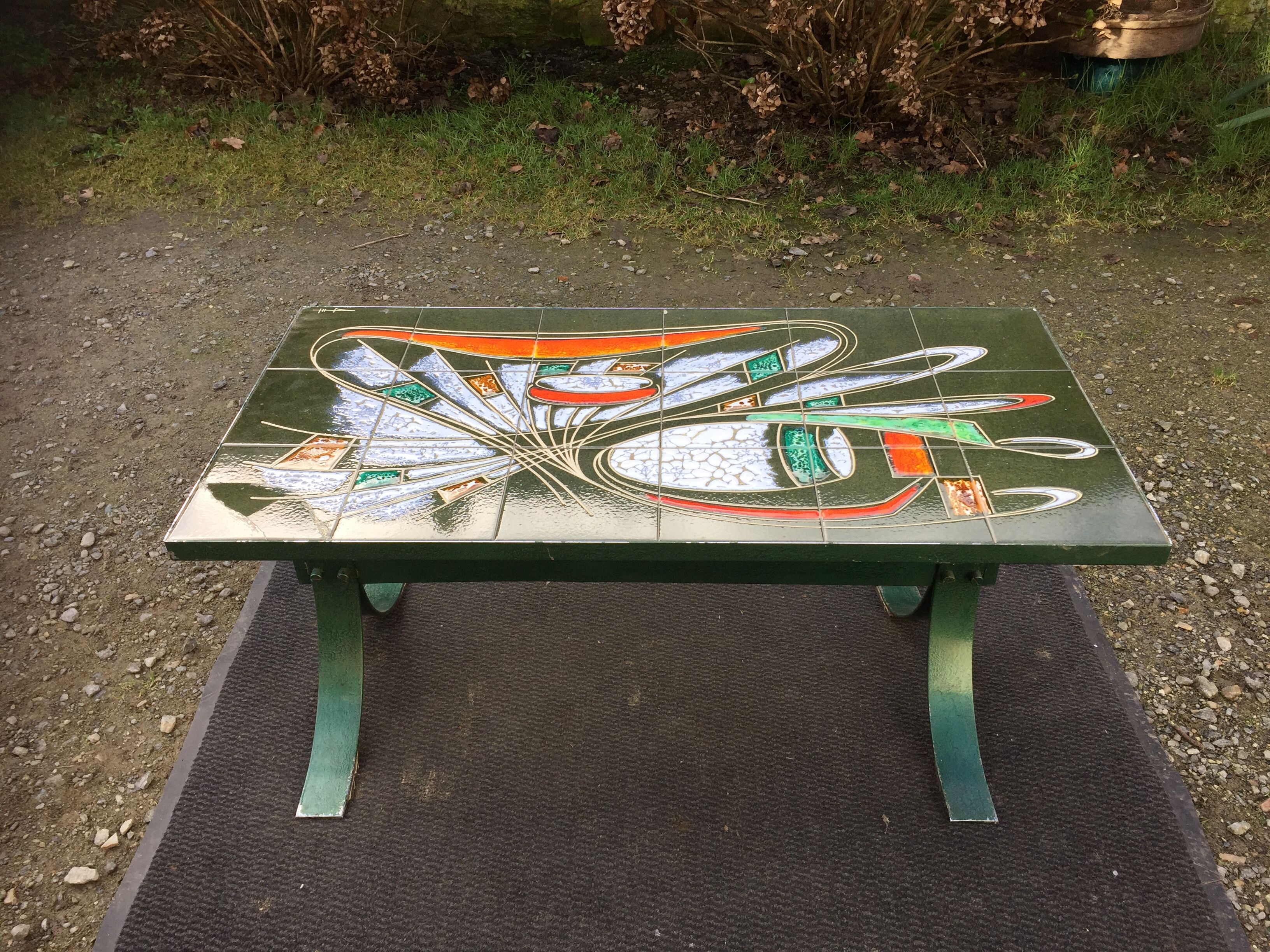 Vintage ceramic coffee table Vallauris spirit with metal x base