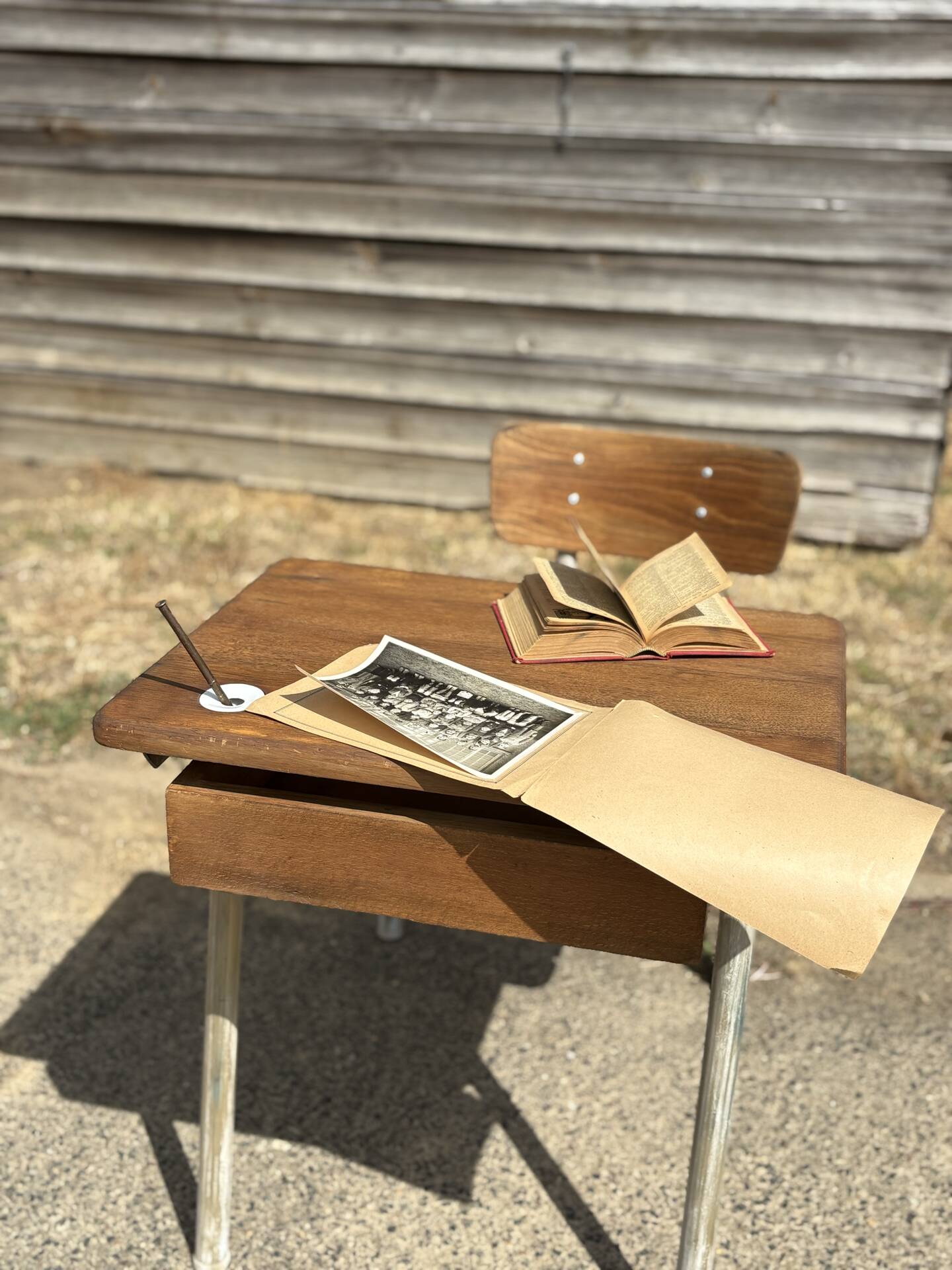 Renovated antique desk with inkwell