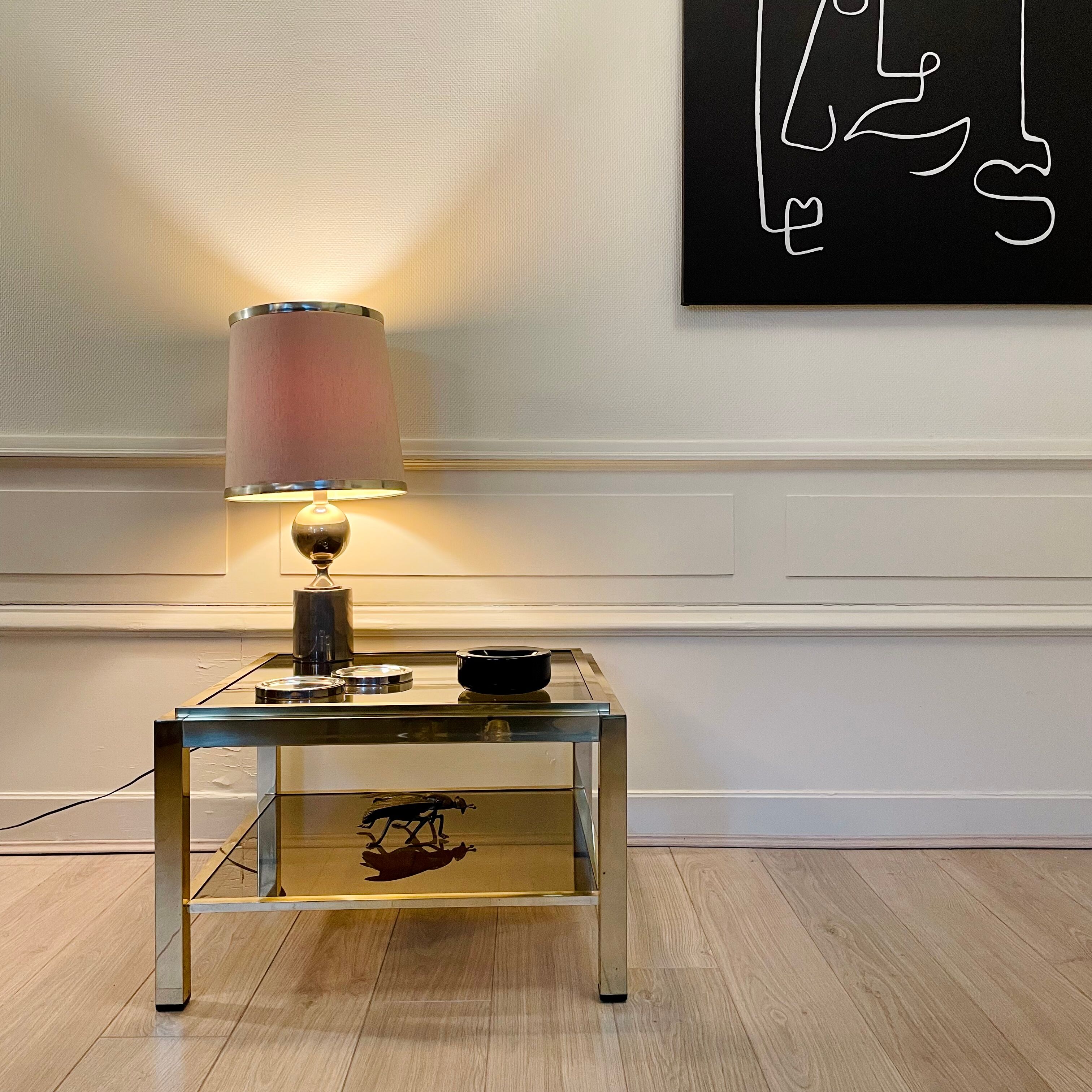 Brass coffee table, double trays in smoked glass, 1970