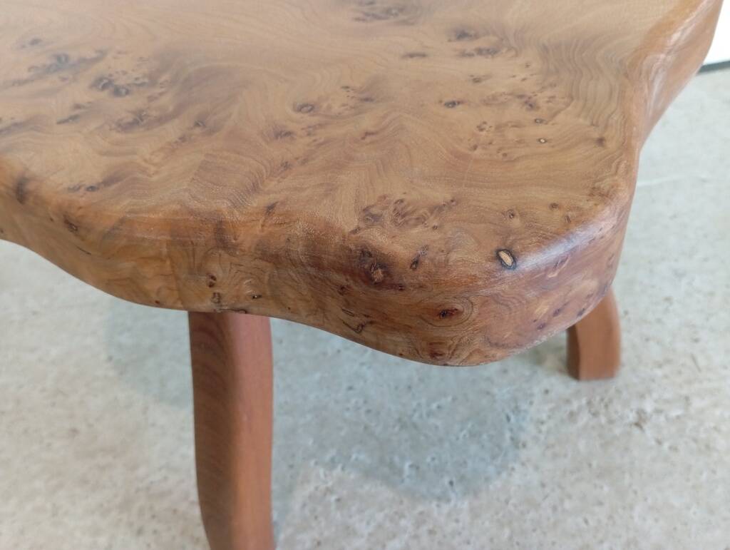 Freeform elm burl tripod coffee table