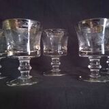 Set of 5 engraved Murano wine (or water) glasses, silver rim
