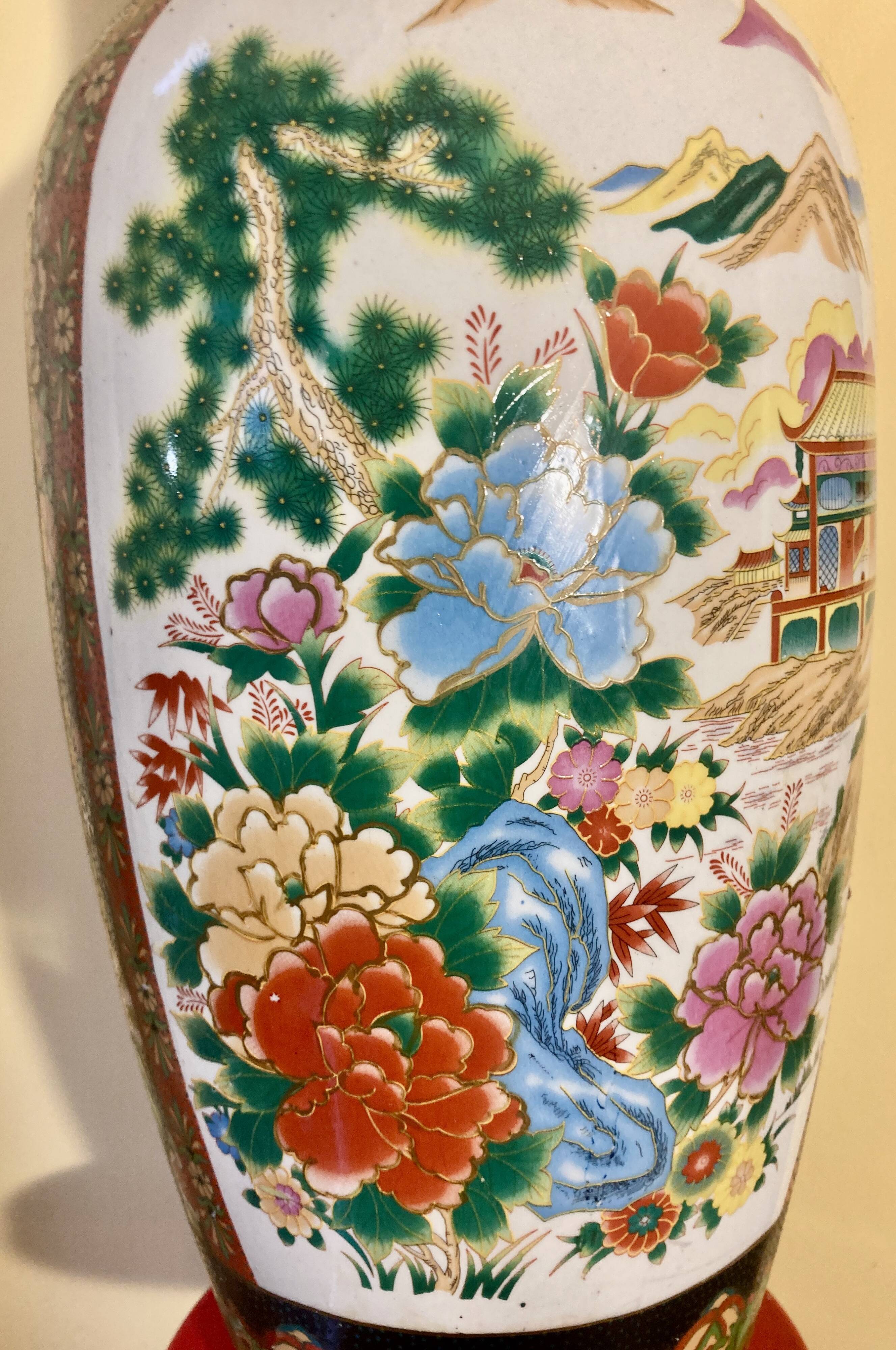Chinese baluster porcelain vase with polychrome decoration of flowers and pagoda size xxl