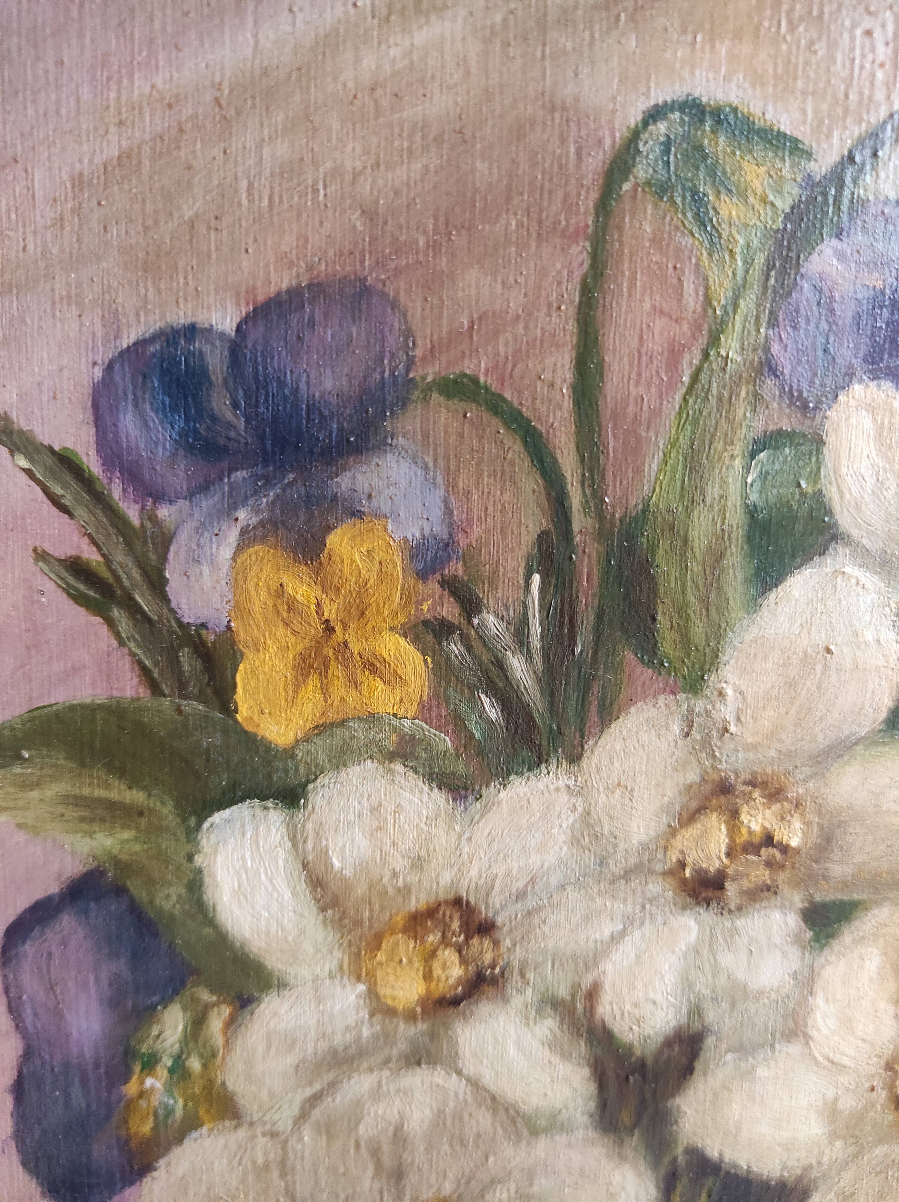Vintage French oil painting of flowers, signed René