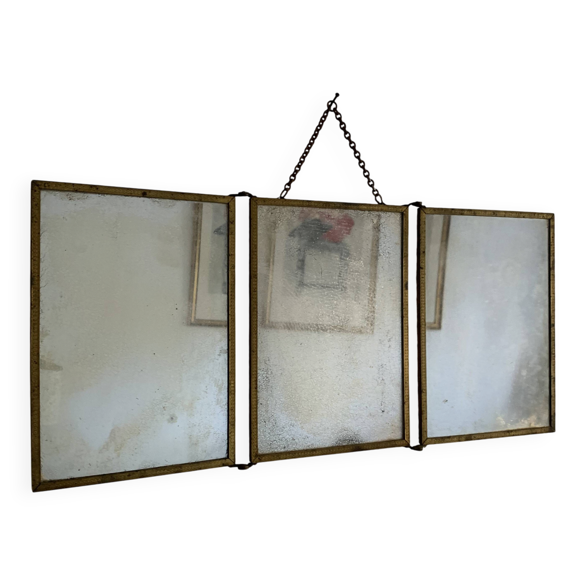 Miroir vintage 1900 triptyque barbier Art Nouveau doré - 21 x 48 cm