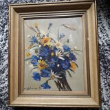 Old oil painting depicting a bouquet of flowers.