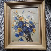 Old oil painting depicting a bouquet of flowers.